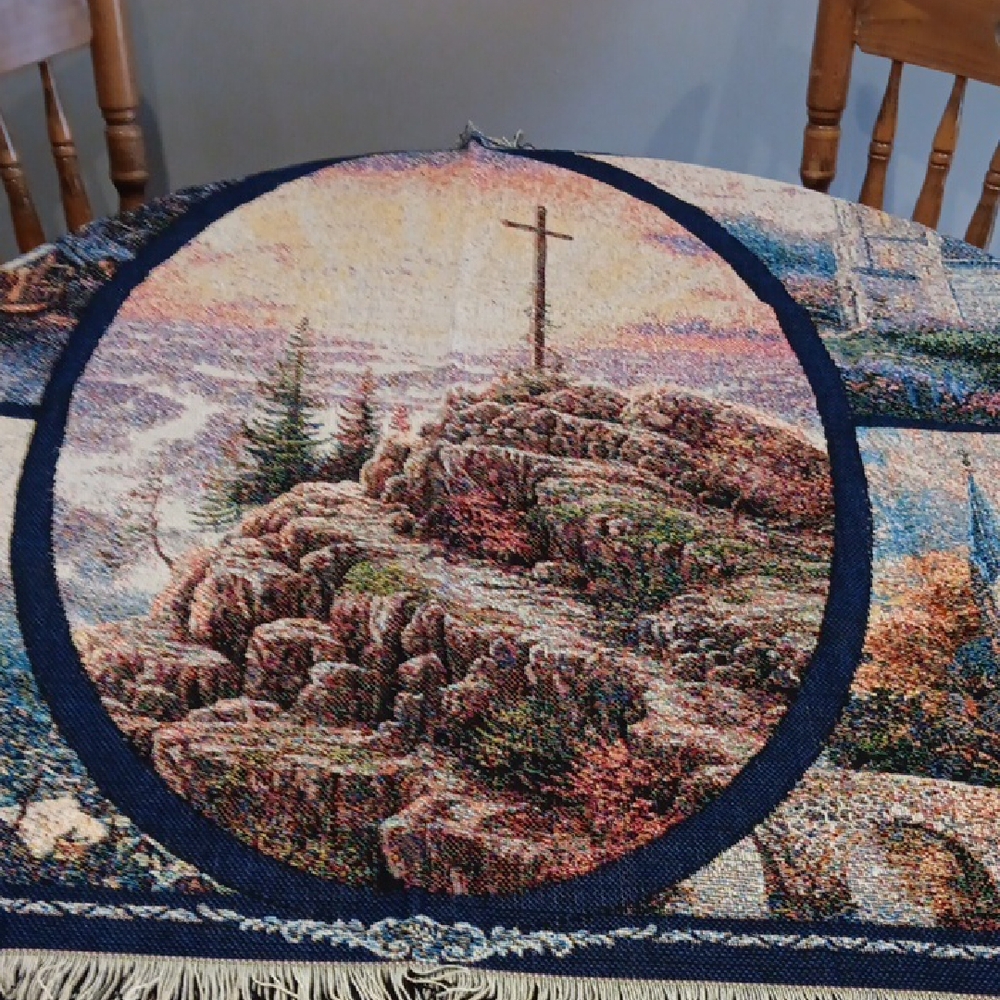 Scenic Tapestry Wall Hanging with Cross Design